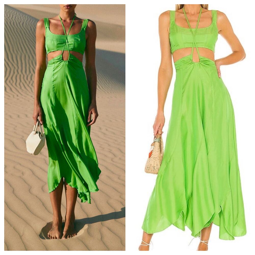 Cult Gaia Eileen Lime Green Cutout Halter Maxi Dress Silk Rayon — Size XS